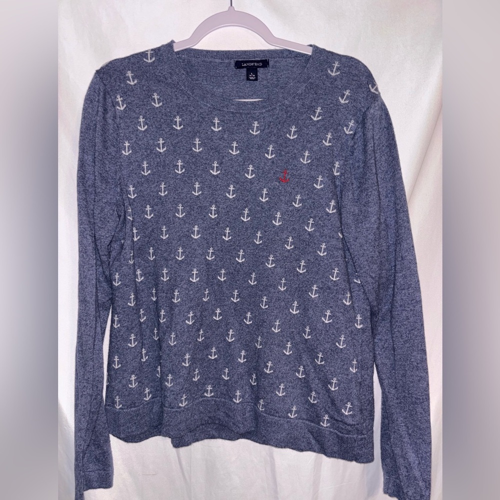 Lands End Women’s S/M, Youth L Sweater Cashmere Blend Blue Anchors
